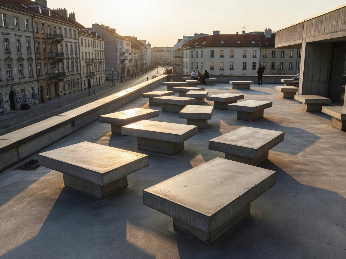 Amano Rooftop Berlin bar overlooking Auguststrasse with minimalist brutalist concrete tables