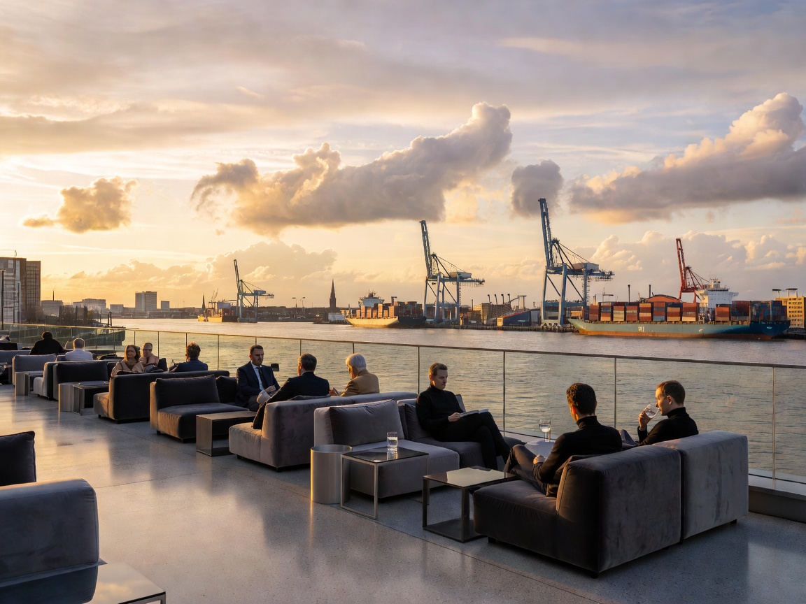 Clouds Hamburg Heaven's Nest rooftop lounge overlooking harbor cranes and Elbe river