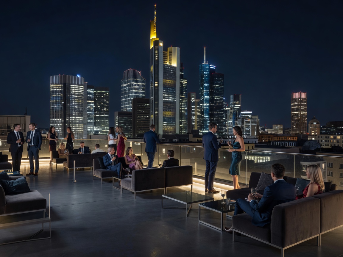 Frankfurt skyscraper rooftop terrace club overlooking illuminated financial district towers