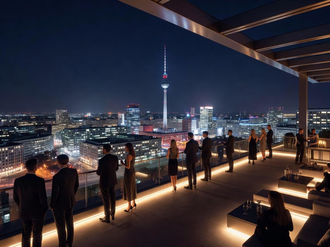 House of Weekend club terrace with panoramic Berlin TV tower view at night