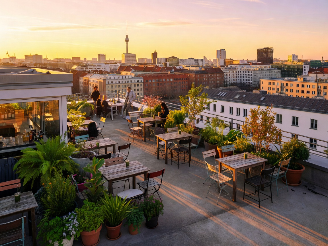 Klunkerkranich Berlin rooftop terrace bar overlooking cityscape at golden hour